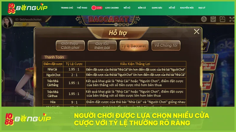 Người chơi được lựa chọn nhiều cửa cược với tỷ lệ thưởng rõ ràng từ cược chính đến các cược phụ giá trị cao.